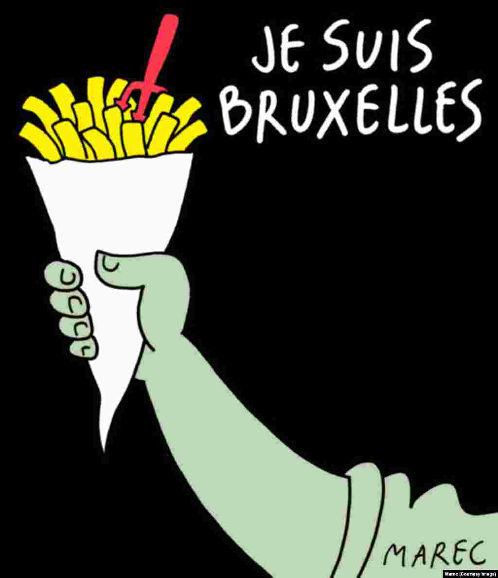Ізноў смажаная бульба з надпісам Je Suis Bruxelles ("Я - Брусэль").